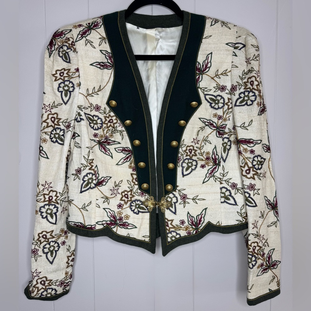 Vintage Helene Straber Silk Embroidered Puff Sleeve Crop Jacket Size 38 US 8
